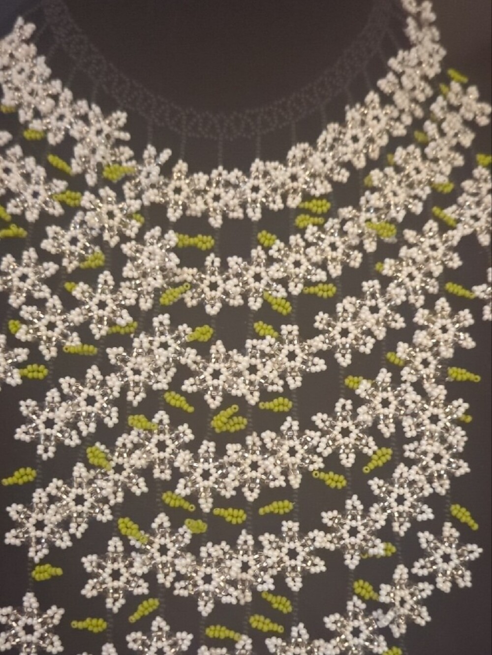 Delicate White Floral Beaded Statement Necklace with Green Accents - Picture 2 of 6